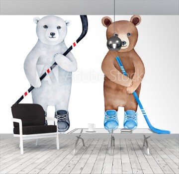 Picture of Set of two different bear cubs brown and polar ice hockey player characters Hand drawn water color graphic illustration on white background Cutout clipart sketches for design prints stickers